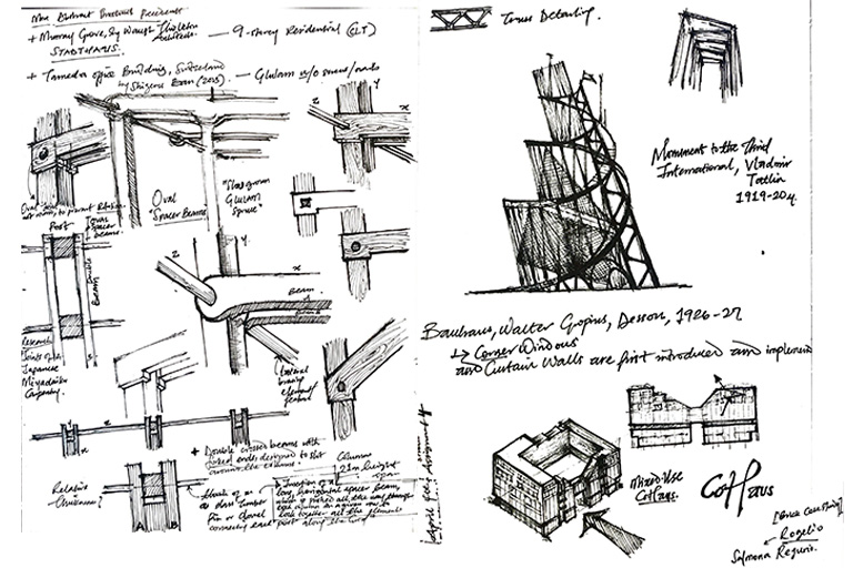 A sketchbook page with connection details and buildings